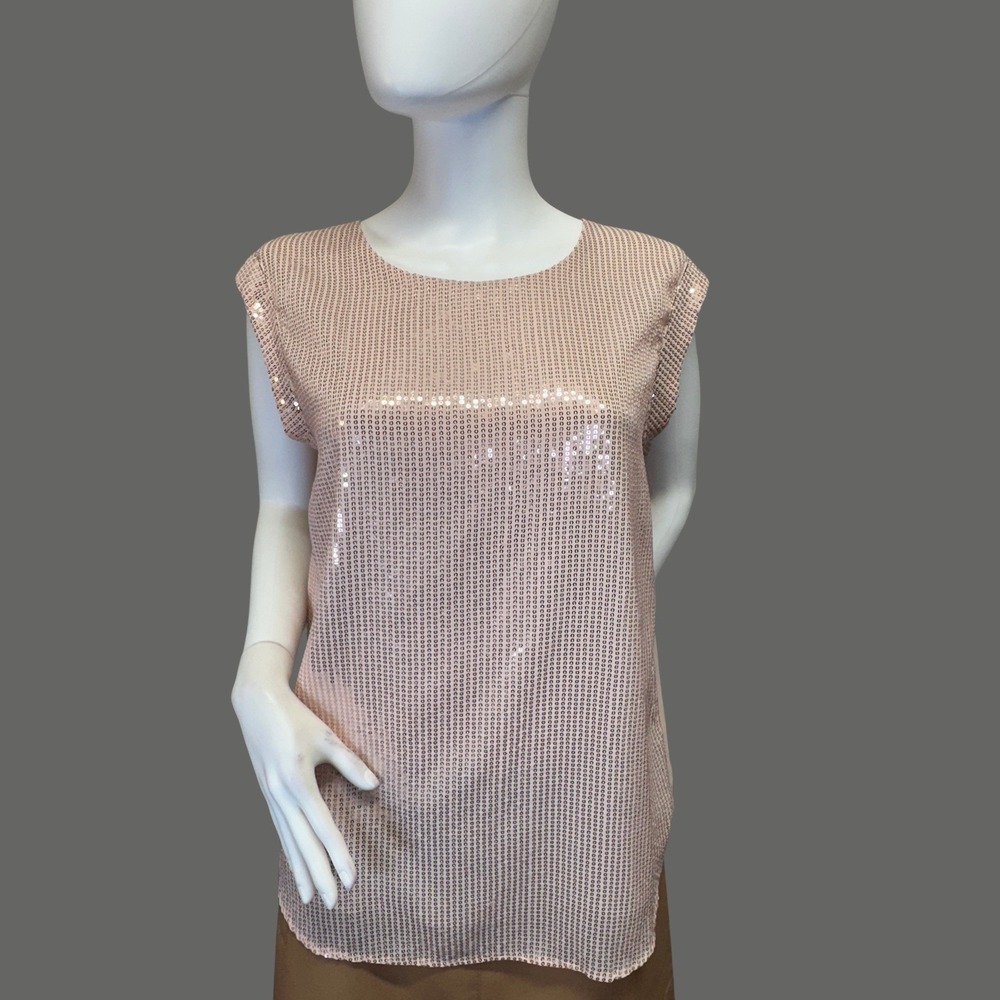 Shinestar Ladies Sz L Blush Pink Sequined Front Cap Sleeve Top Blouse
